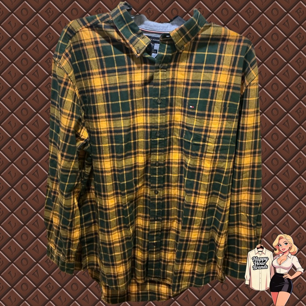 MENS TOMMY HILFIGER GOLD AND GREEN BUTTON DOWN LONG SLEEVE SHIRT SIZE XXL